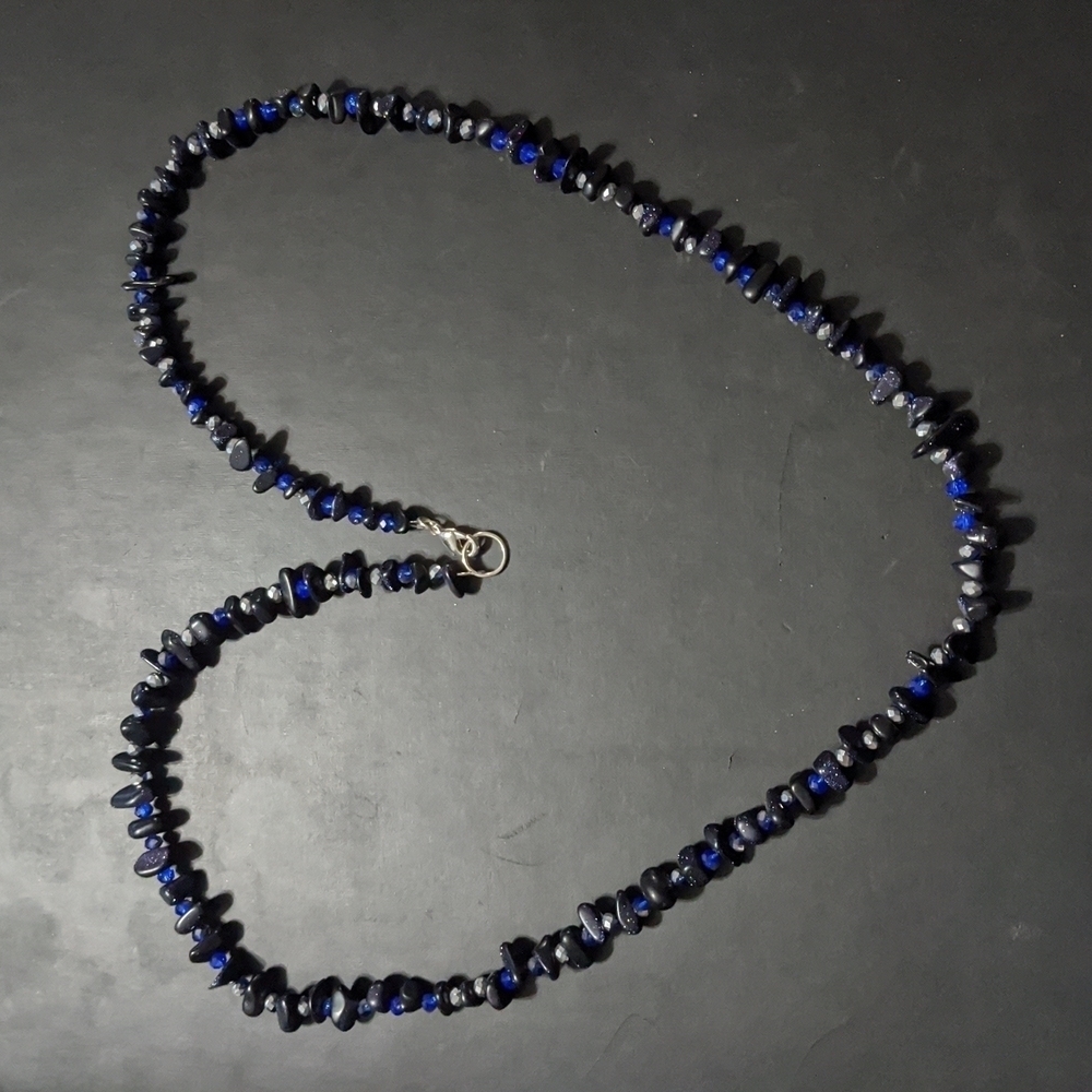 Blue Goldstone Chip and Silver Blue Faceted Crystal Statement Necklace